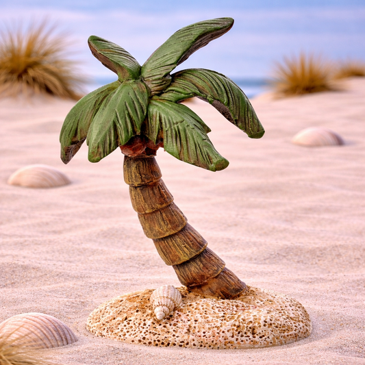 Palme Miniatur Dekofigur aus Polyresin ca 10cm mit Sandbasis und Muschel für Urlaub Deko Geldgeschenk Modellbau Diorama Puppenhaus