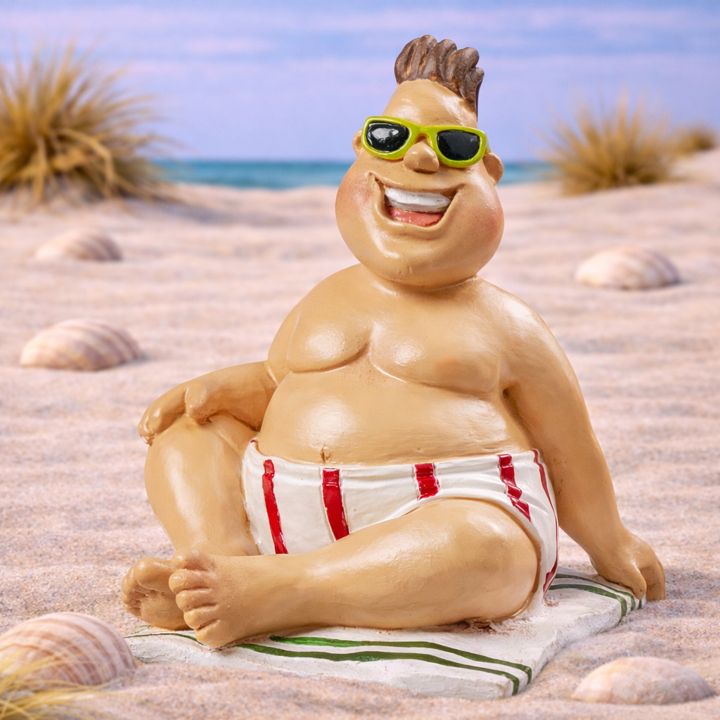 Dekofigur Badeurlauber aus Polyresin ca. 10cm sitzt am Strand mit Sonnenbrille Badehose Miniatur für Urlaub Geldgeschenk Diorama Puppenhaus