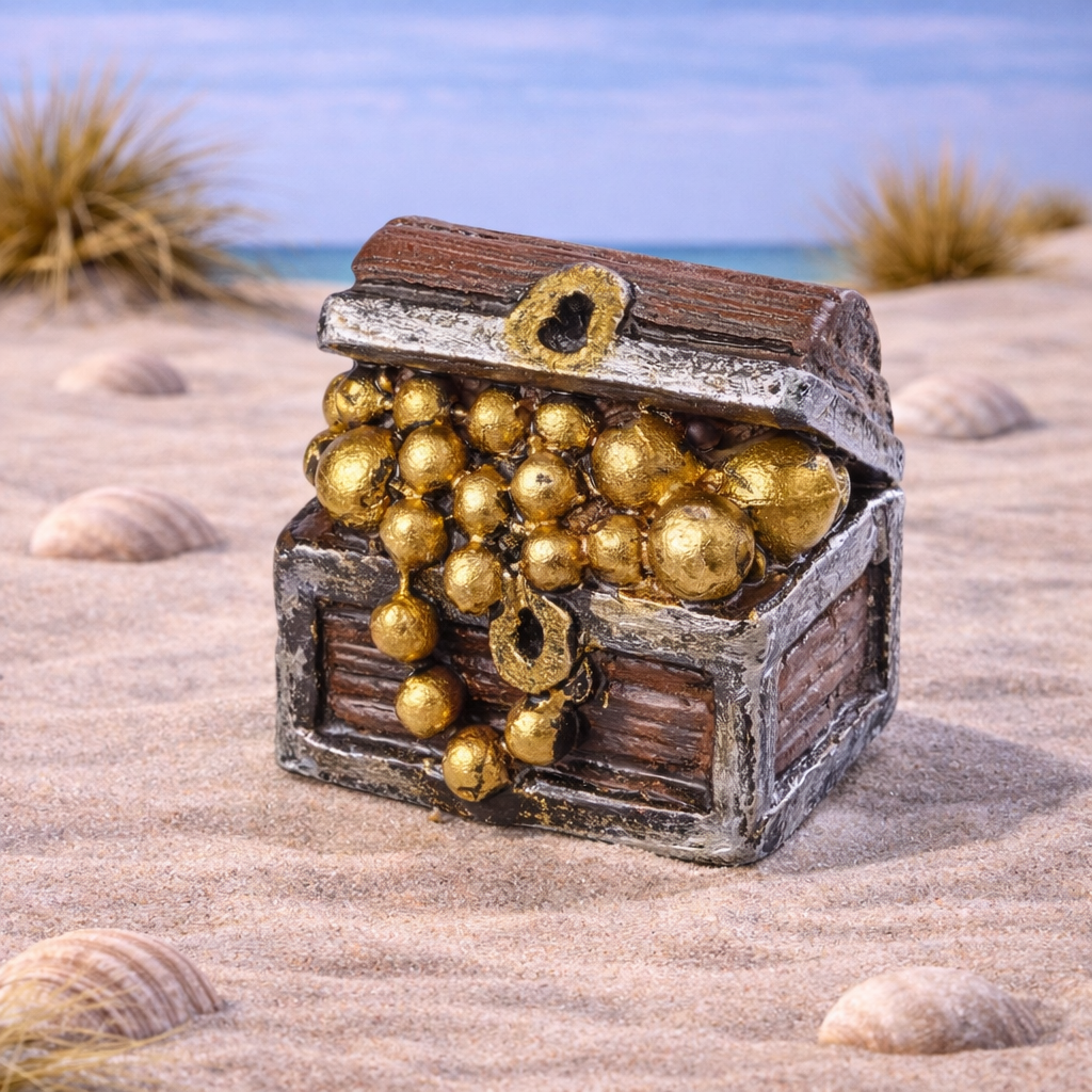 Miniatur Schatzkiste aus Polyresin mit goldenen Kugeln als Dekofigur für Geldgeschenk Zubehör Diorama Modellbau Puppenhaus