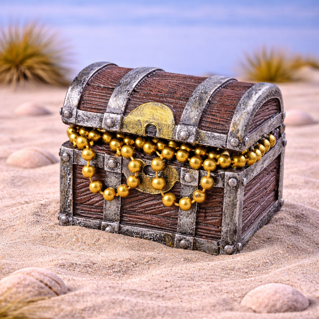 Schatzkiste Miniatur aus Polyresin mit goldener Kette als Dekofigur für Geldgeschenk Zubehör Diorama Modellbau Puppenhaus