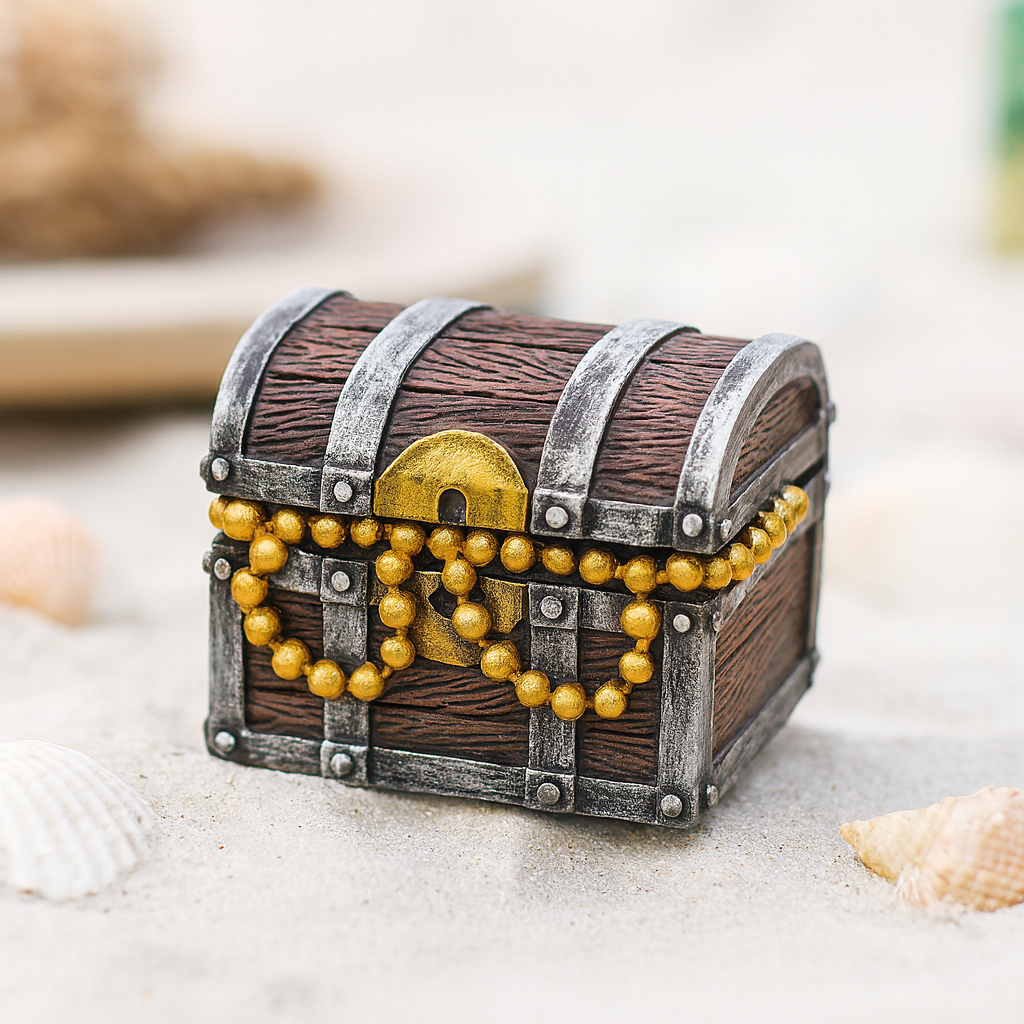Schatzkiste Miniatur aus Polyresin mit goldener Kette als Dekofigur für Geldgeschenk Zubehör Diorama Modellbau Puppenhaus