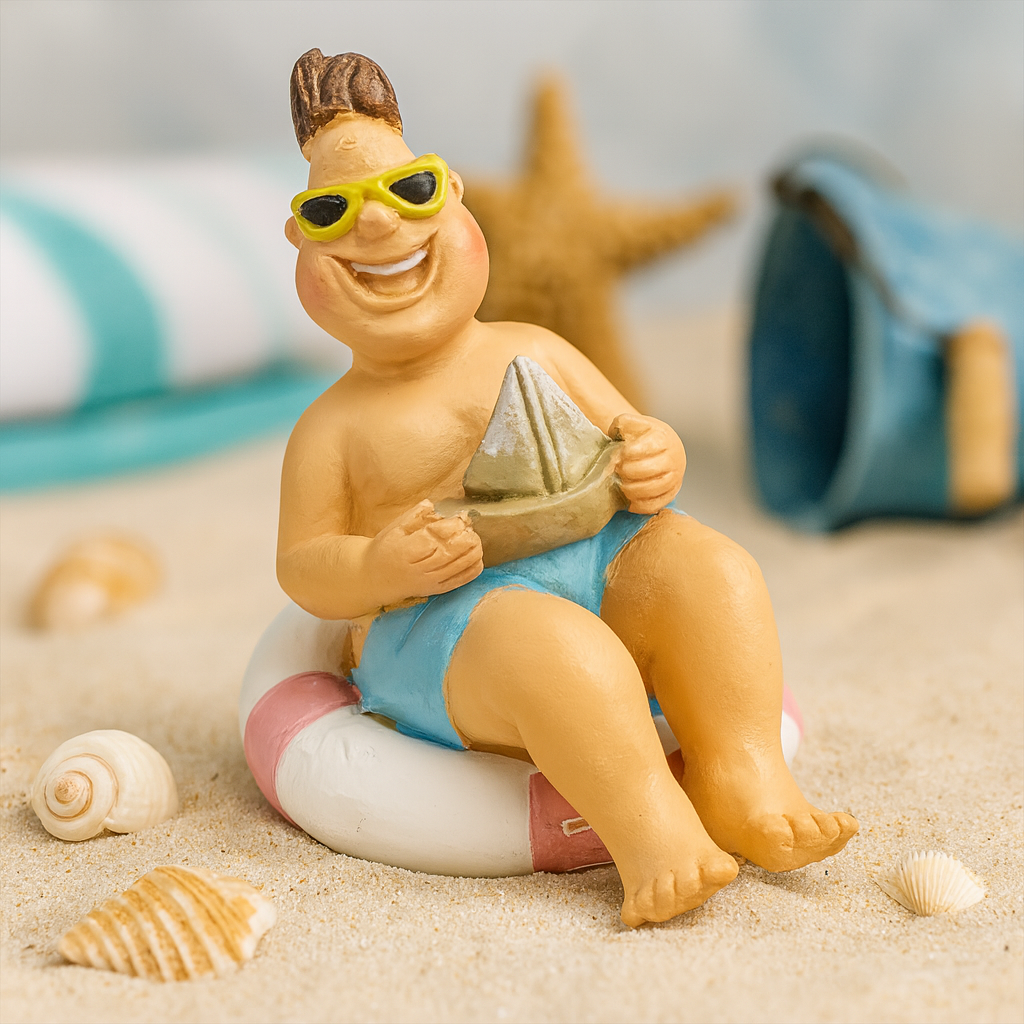Badeurlauber im Schwimmreif Miniatur aus Polyresin mit Boot als Dekofigur für Urlaub Geldgeschenk Diorama Modellbau Puppenhaus