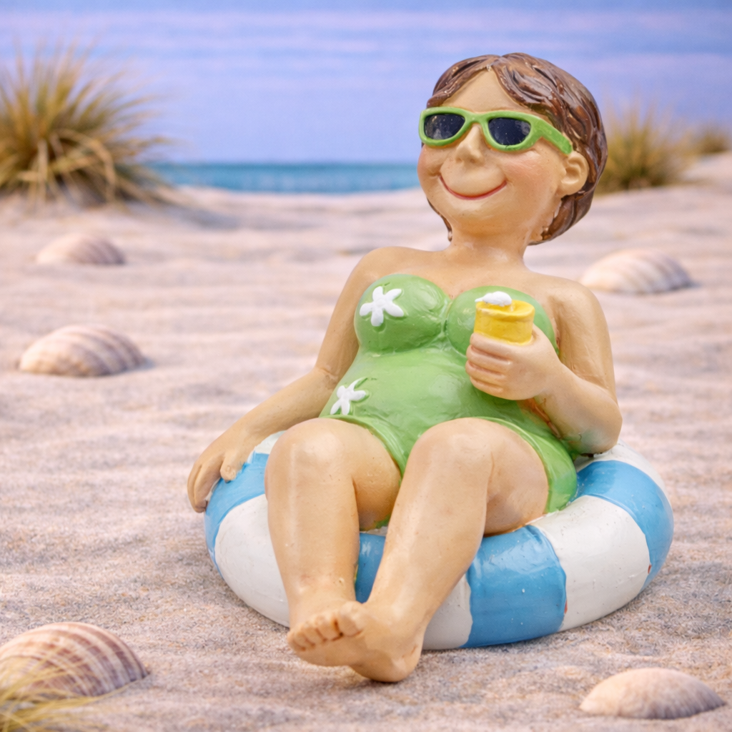 Badeurlauberin im Schwimmreif 9,5cm aus Polyresin als Dekofigur für Urlaub Geldgeschenk Diorama Modellbau Puppenhaus