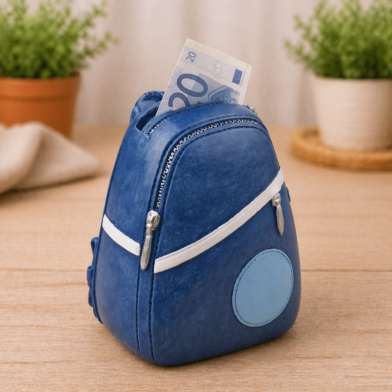 Geldgeschenk Rucksack Miniatur aus Polyresin mit Schlitz für Geldscheine blauer Reise Rucksack Dekofigur Geschenkidee Zubehör Diorama