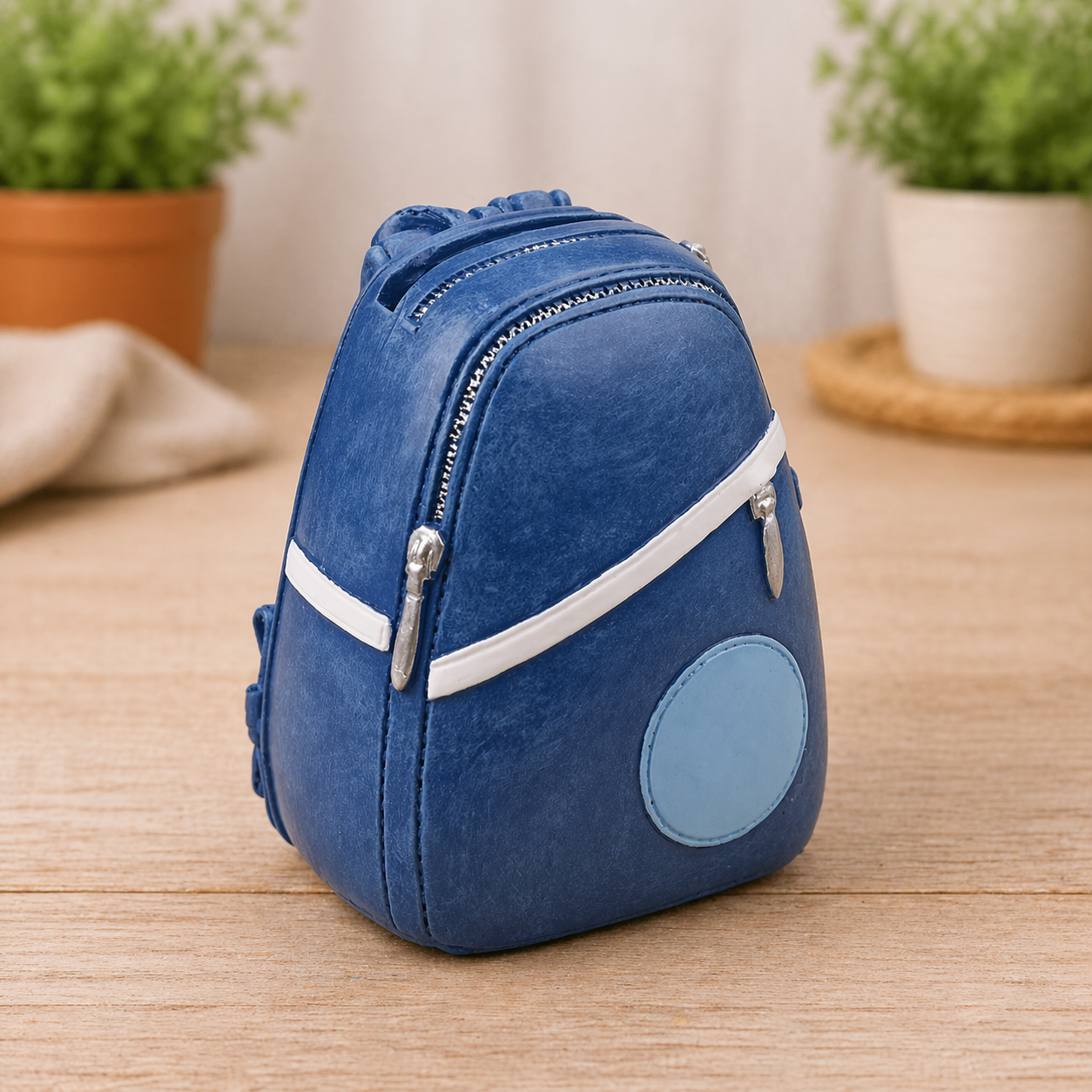 Geldgeschenk Rucksack Miniatur aus Polyresin mit Schlitz für Geldscheine blauer Reise Rucksack Dekofigur Geschenkidee Zubehör Diorama