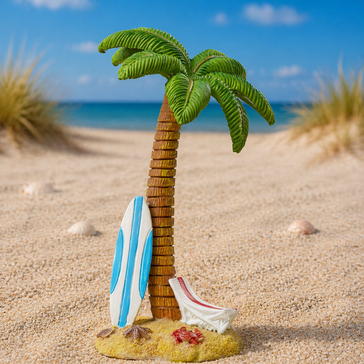 Dekofigur Palme mit Surfbrett und Liege auf Sand, Miniatur aus Polyresin für Urlaub Deko, Geldgeschenk Zubehör und Diorama