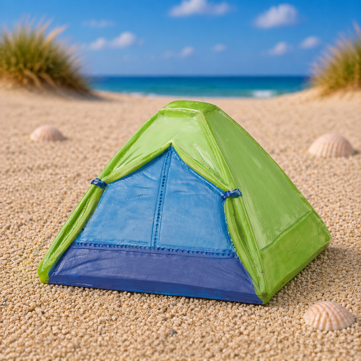 Camping Zelt Miniatur Dekofigur aus Polyresin in Grün Blau für Geldgeschenk Urlaub Reisen Diorama Modellbau Puppenhaus