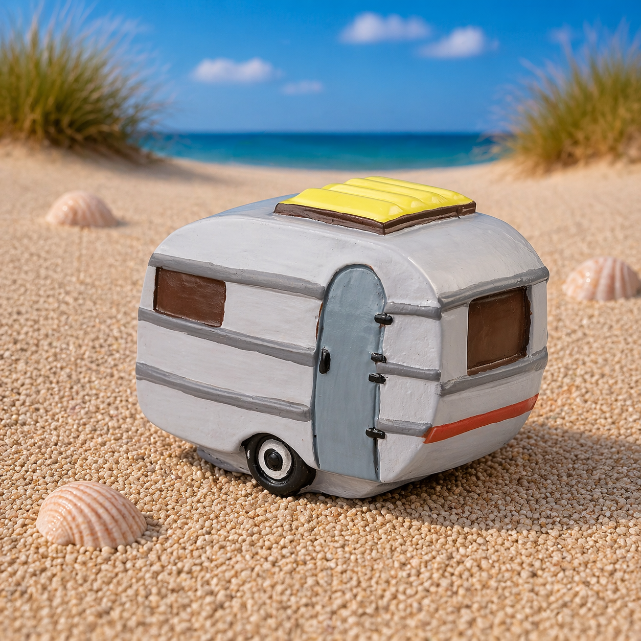 Wohnwagen Miniatur Dekofigur aus Polyresin im Retro Camping Stil für Urlaub Reisen Geldgeschenk Diorama Modellbau Puppenhaus