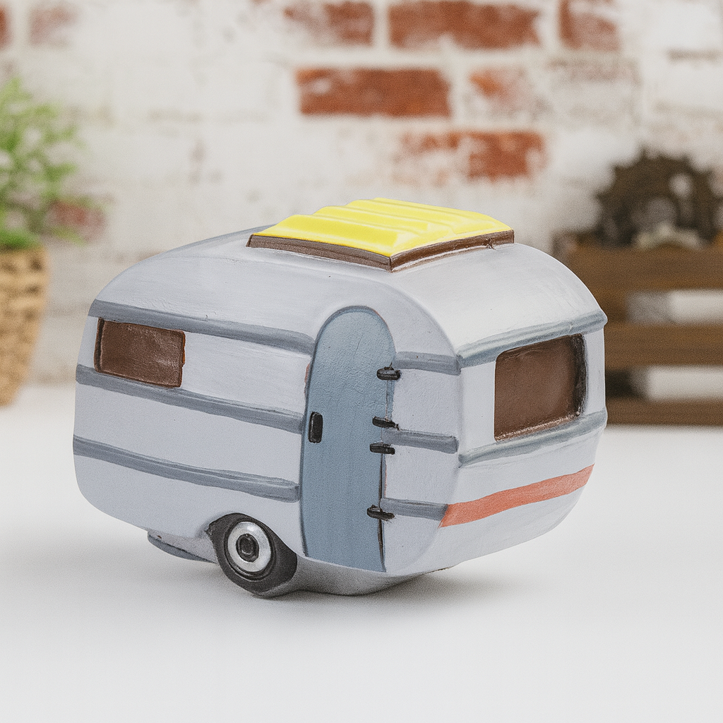Wohnwagen Miniatur Dekofigur aus Polyresin im Retro Camping Stil für Urlaub Reisen Geldgeschenk Diorama Modellbau Puppenhaus