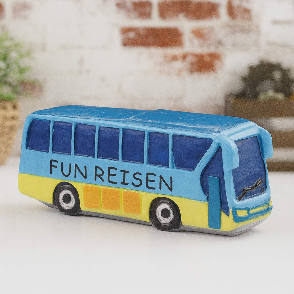 Reisebus Miniatur Dekofigur aus Polyresin mit Aufschrift Fun Reisen für Urlaub Geldgeschenk Diorama Modellbau Puppenhaus