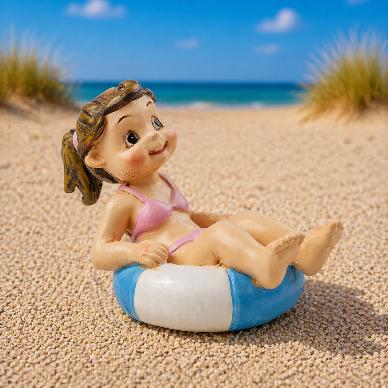 Badekind Mädchen Miniatur Dekofigur im Schwimmreif aus Polyresin für Urlaub Strand Reisen Geldgeschenk Diorama Modellbau Puppenhaus