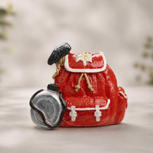 Miniatur Hiking Rucksack rot mit Edelweiß 3,5cm aus Polyresin für Wandern Reisen Diorama Modellbau Geldgeschenk Zubehör