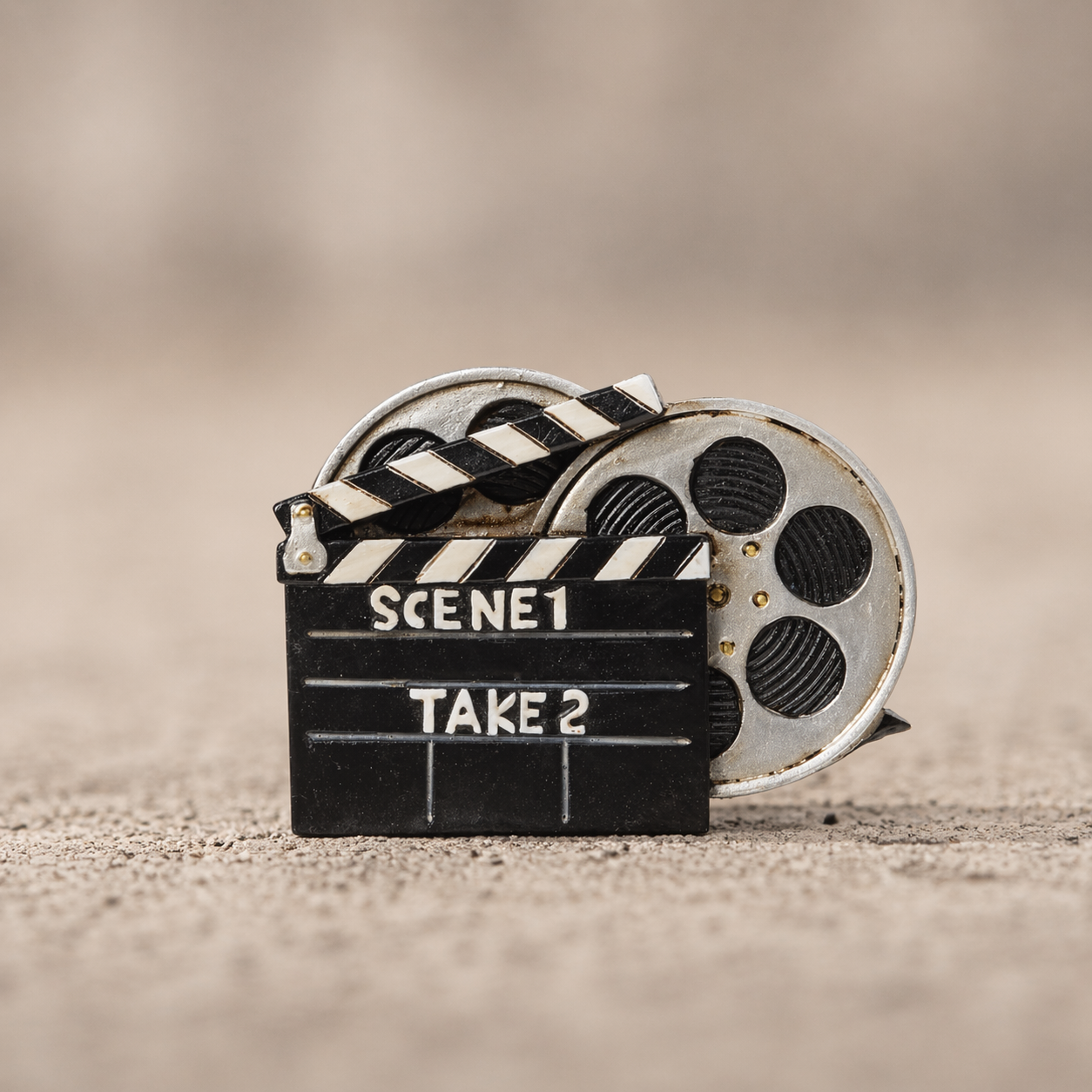 Kino Dekofigur Filmklappe mit Filmrolle Miniatur aus Polyresin 7cm für Geldgeschenk Zubehör Diorama Modellbau Film