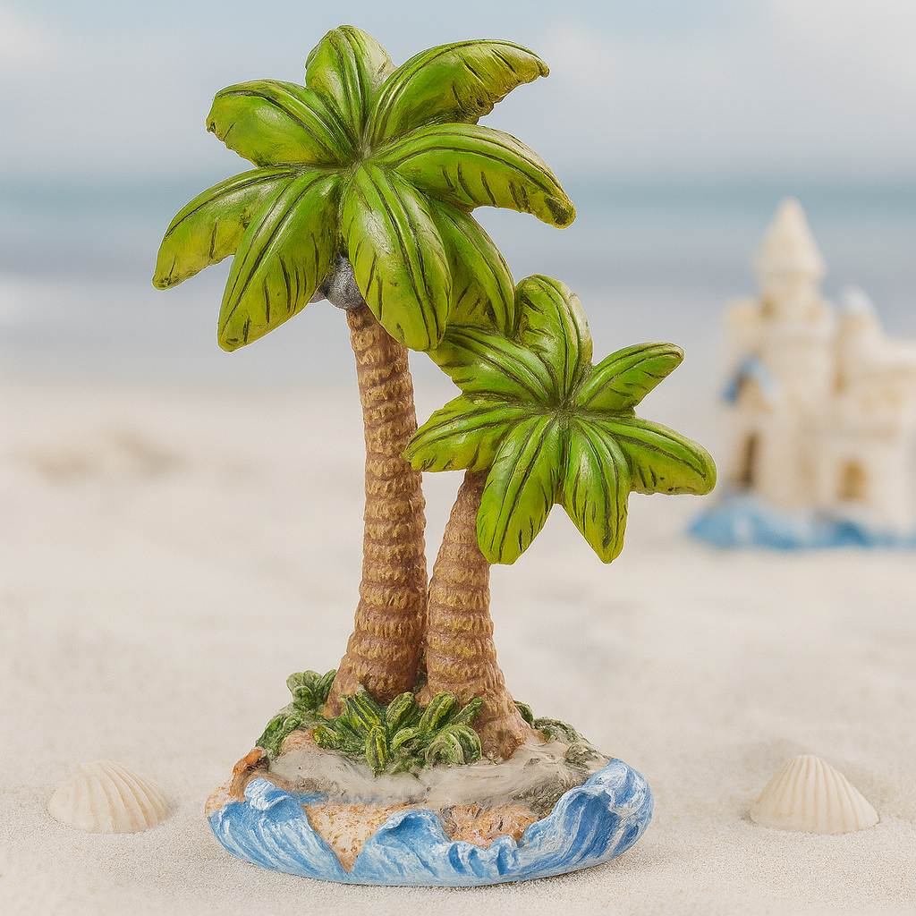 Dekofigur Palme Miniatur 10 cm aus Polyresin auf Strandinsel – maritim, Sommer, Urlaub, Diorama, Tischdekoration, Miniatur, Bastelartikel
