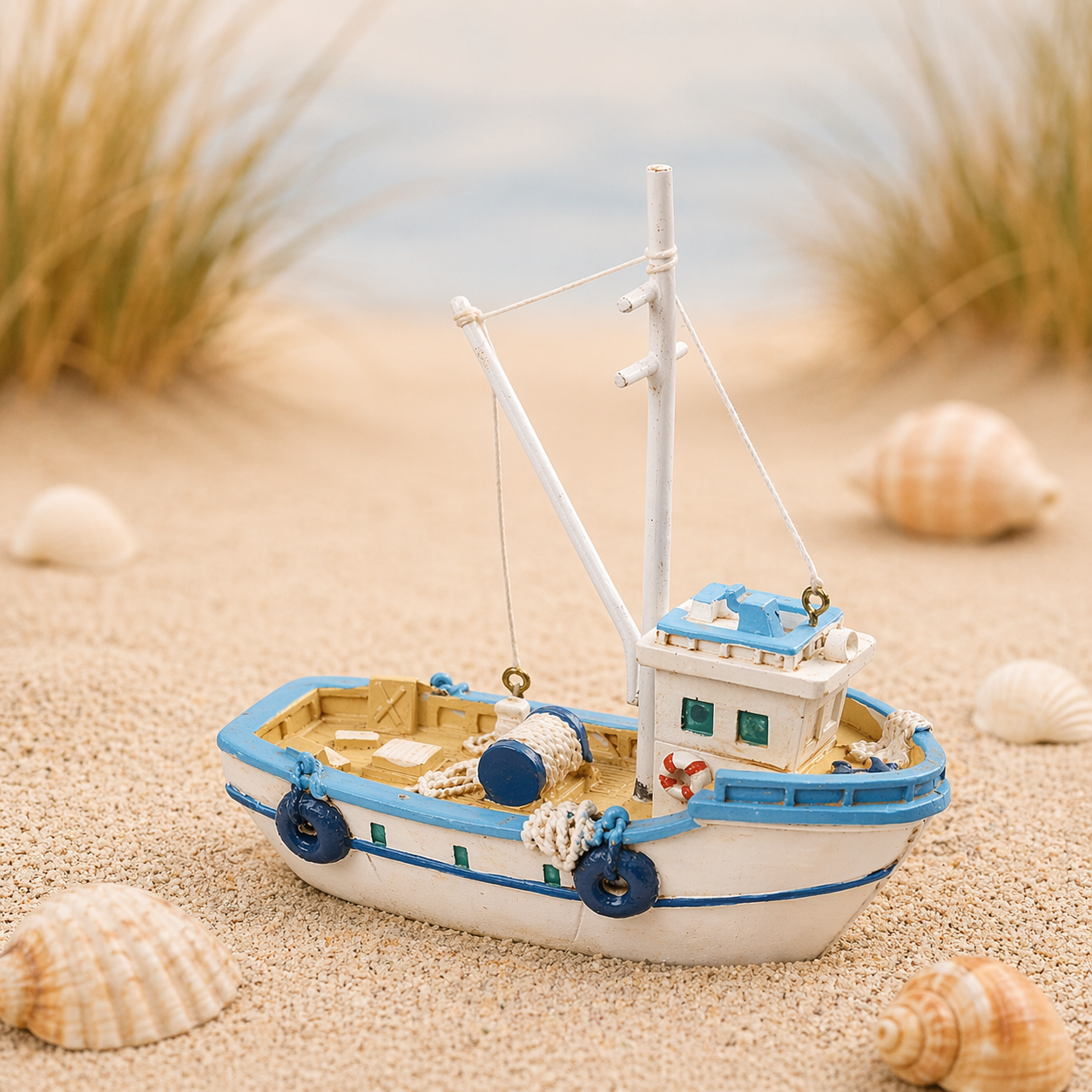 Fischerboot Miniatur 9cm aus Polyresin, maritimer Kutter als Dekofigur für Geldgeschenk, Diorama und Modellbau