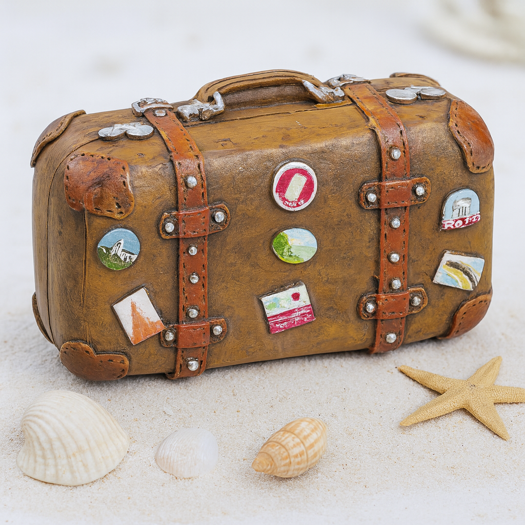 Reisekoffer Miniatur Dekofigur Polyresin „Reif für die Insel“ Geldgeschenk Zubehör Urlaub Diorama Modellbau brauner Koffer mit Stickern