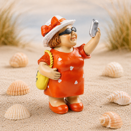 Urlauberin Miniatur Dekofigur Frau mit Sonnenhut und Handy aus Polyresin 8cm Reisen Urlaub Geschenkidee Diorama Modellbau