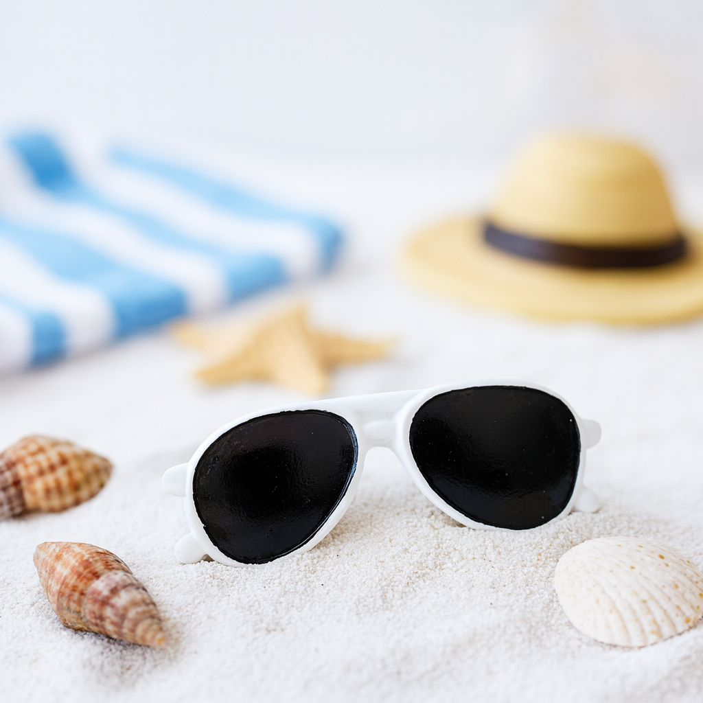 Miniatur Sonnenbrille weiß 3cm aus Polyresin für Sommer Dekofigur Urlaub Geldgeschenk Bastelartikel Diorama Modellbau