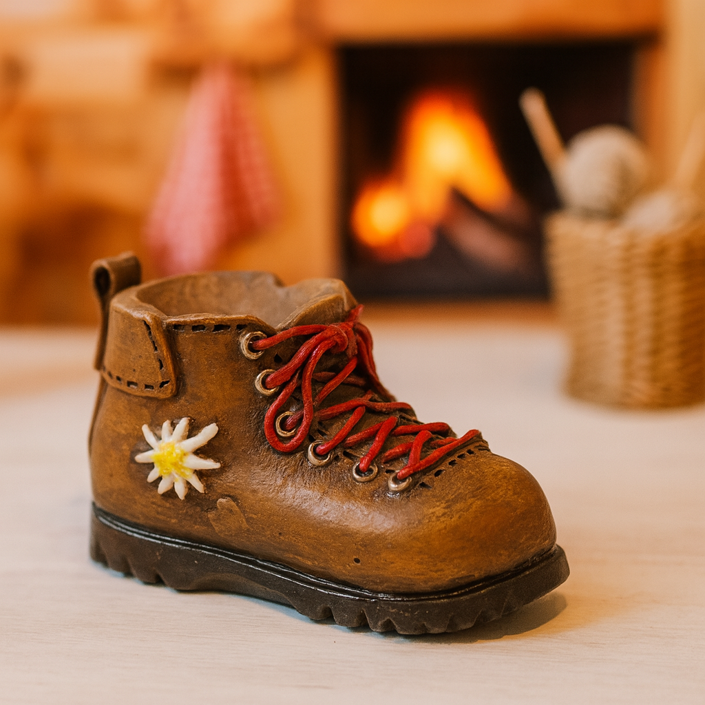 Wanderschuh Miniatur Dekofigur 4 cm Polyresin braun mit Edelweiß Wandern Bergtour Reisen Geldgeschenk Zubehör Modellbau
