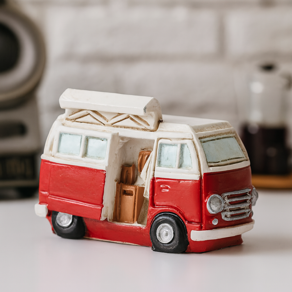 Campingbus Miniatur rot weiß 4,5 cm Polyresin Dekofigur Camper Urlaub Reisen Geldgeschenk Zubehör Modellbau Diorama