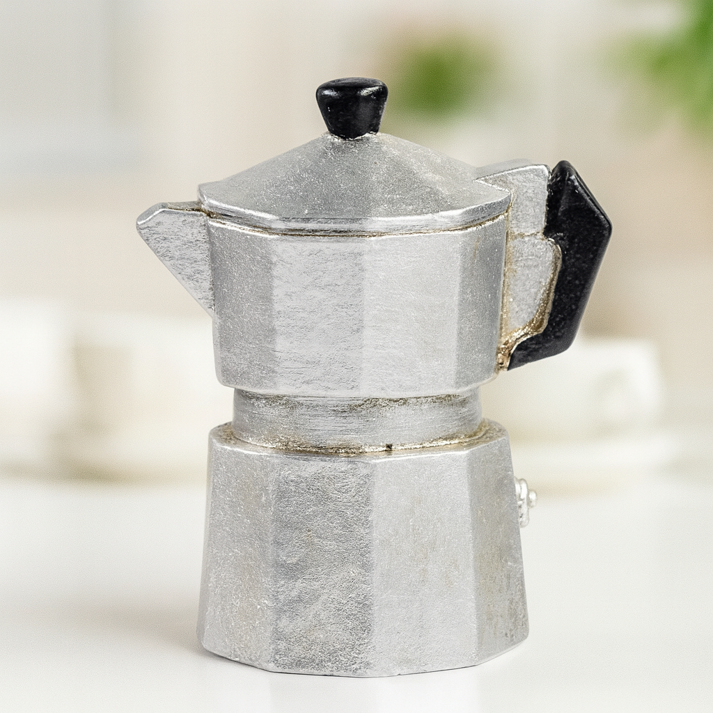 Miniatur Espresso Kocher silber aus Polyresin, ca. 4 cm – Wichtel Küchenzubehör