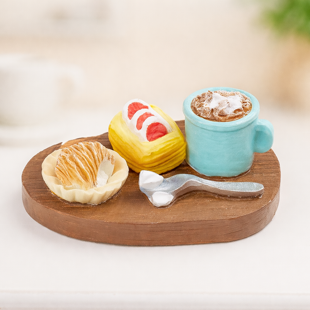 Miniatur Frühstücksbrett mit Kaffee, Törtchen und Sandwich aus Polyresin, 4,5 cm