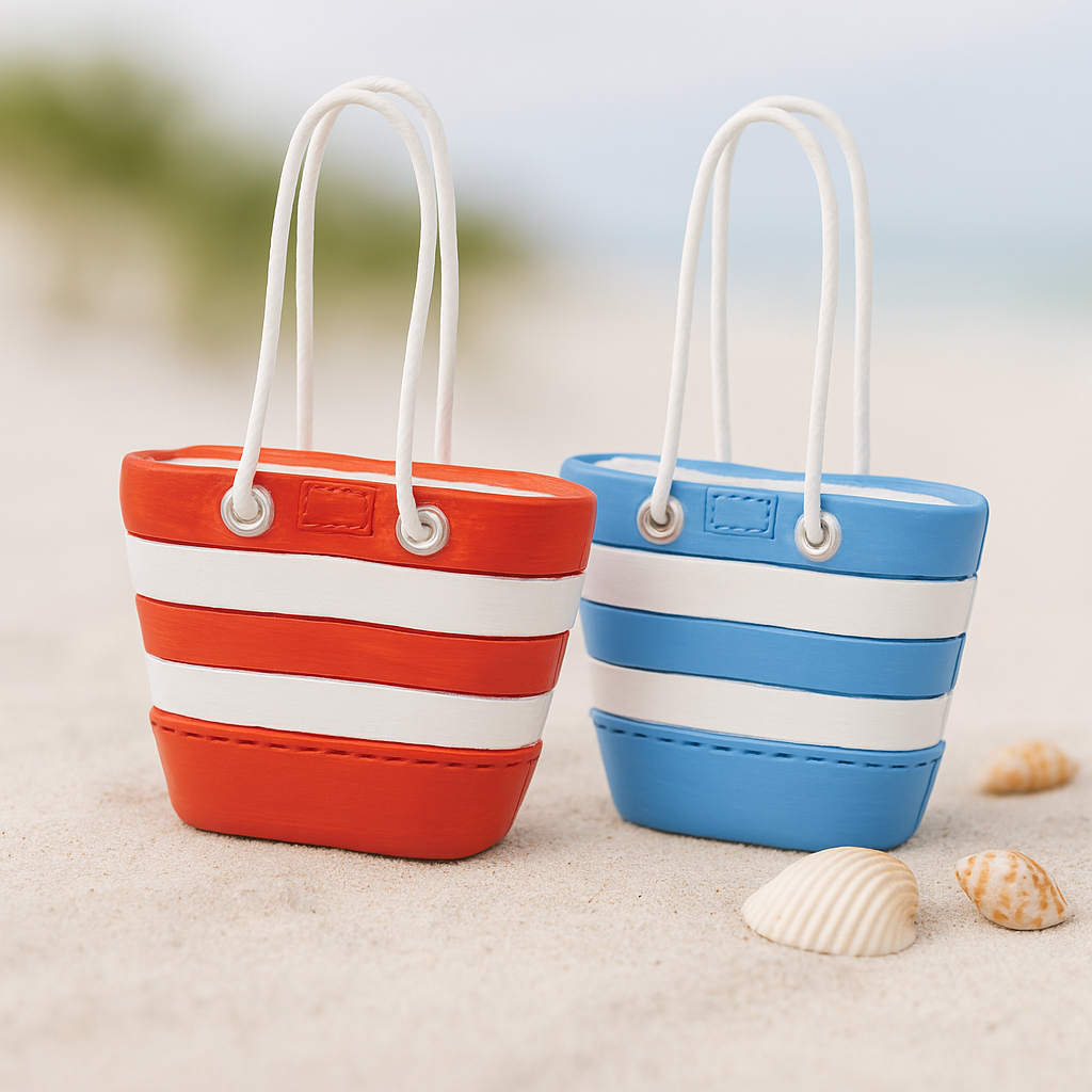 Miniatur Strandtasche aus Polyresin mit Tragegriffen ca 3,7x4,5 cm Dekofigur für Urlaub Reisen Geldgeschenk Diorama Modellbau