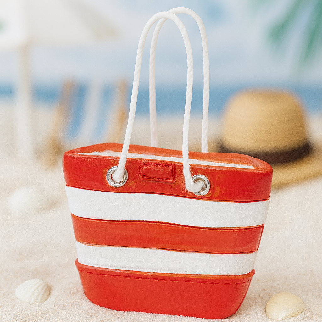 Miniatur Strandtasche rot weiß aus Polyresin mit Tragegriffen ca 3,7x4,5 cm Dekofigur für Urlaub Reisen Geldgeschenk Diorama Modellbau