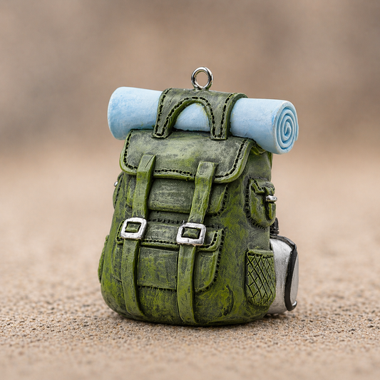 Dekofigur Rucksack grün Miniatur aus Polyresin mit Schlafrolle Reise Urlaub Geldgeschenk Zubehör Diorama Modellbau
