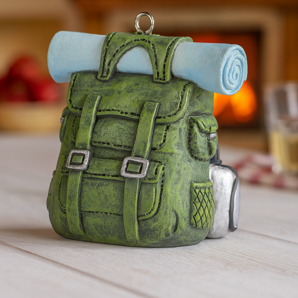 Dekofigur Rucksack grün Miniatur aus Polyresin mit Schlafrolle Reise Urlaub Geldgeschenk Zubehör Diorama Modellbau