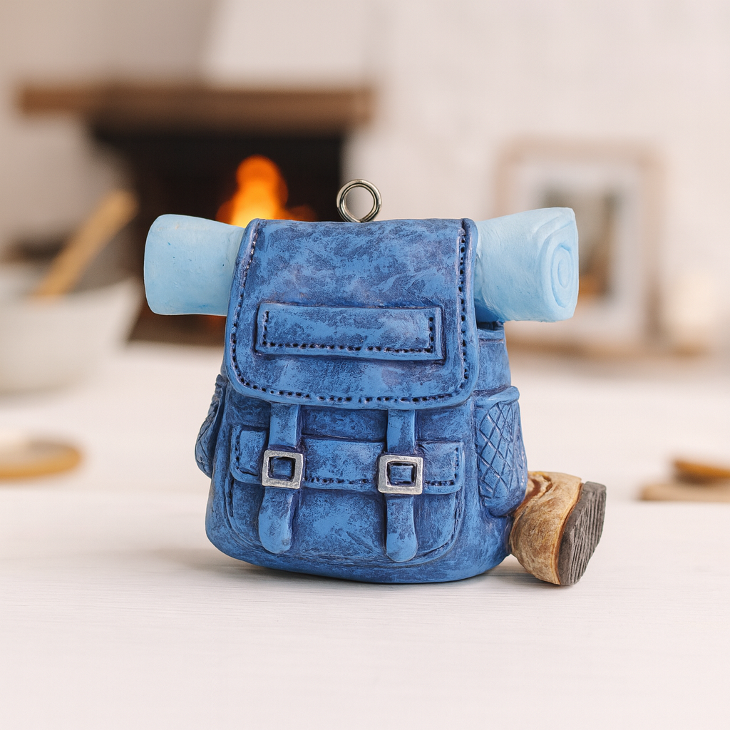 Dekofigur Rucksack blau Miniatur 5 cm Polyresin mit Schlafrolle Reisen Urlaub Geldgeschenk Zubehör Diorama Modellbau