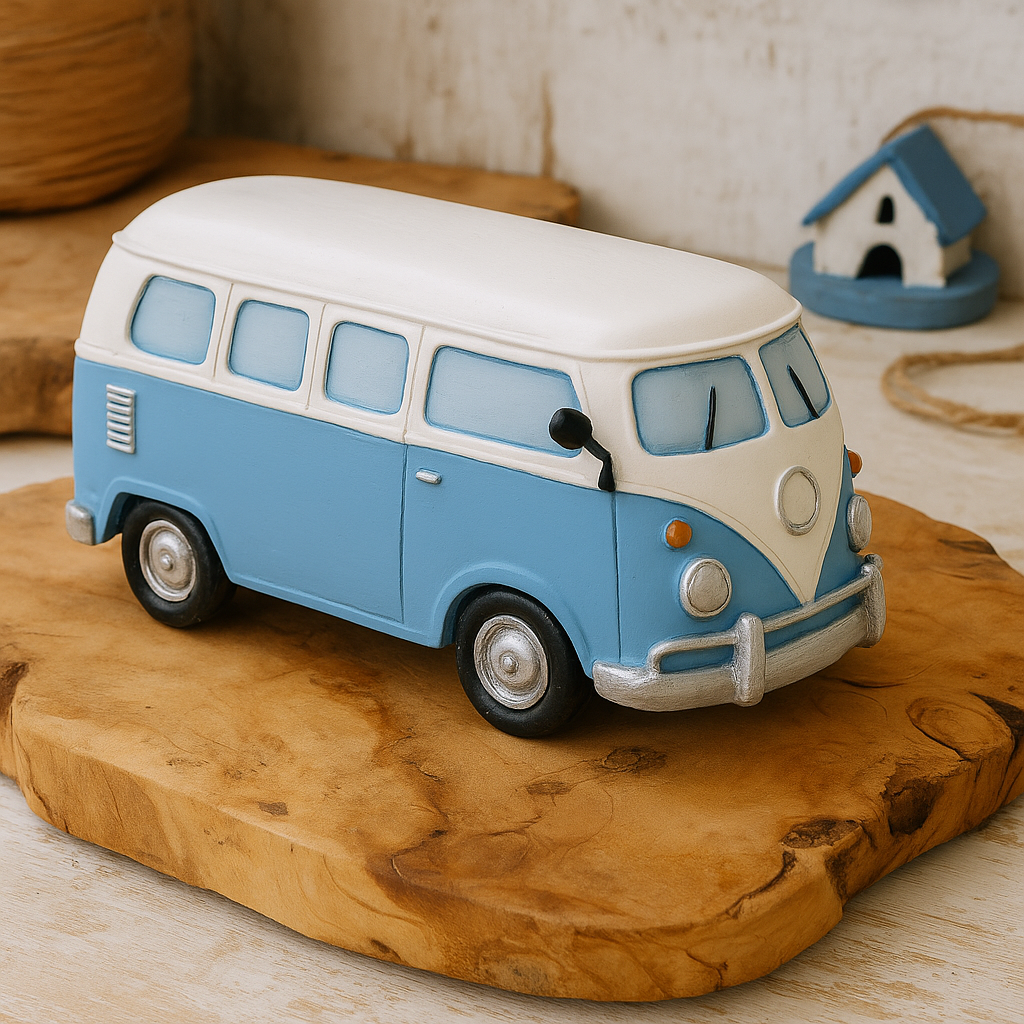Dekofigur Bully blau weiß Miniatur Bus aus Polyresin ca. 8cm Fahrzeug für Reisen Urlaub Diorama Modellbau Geldgeschenk Zubehör