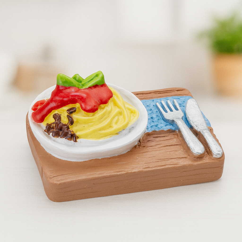 Miniatur Spaghetti Mittagessen aus Polyresin, ca. 3,5 cm, mit Teller und Besteck