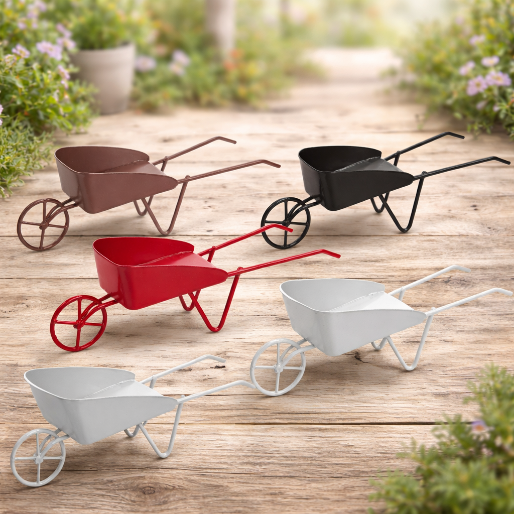 Miniatur Schubkarre aus Metall in verschiedenen Farben (weiß, rot, grau, braun, schwarz), 12,5 cm – Wichtel Zubehör für Garten und Geldgeschenke