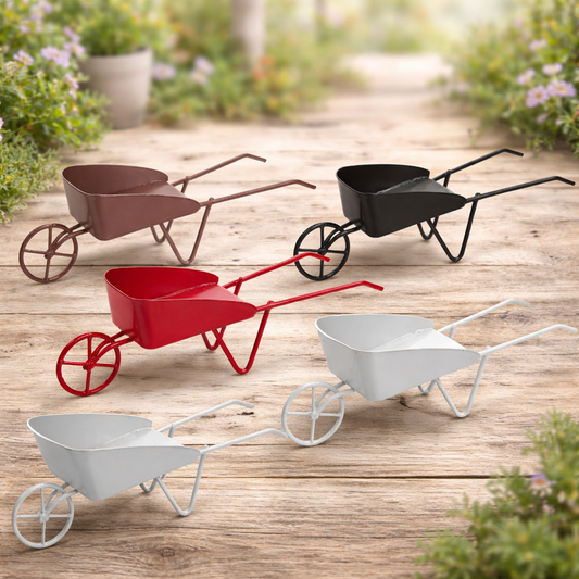 Miniatur Schubkarre aus Metall in verschiedenen Farben (weiß, rot, grau, braun, schwarz), 12,5 cm – Wichtel Zubehör für Garten und Geldgeschenke