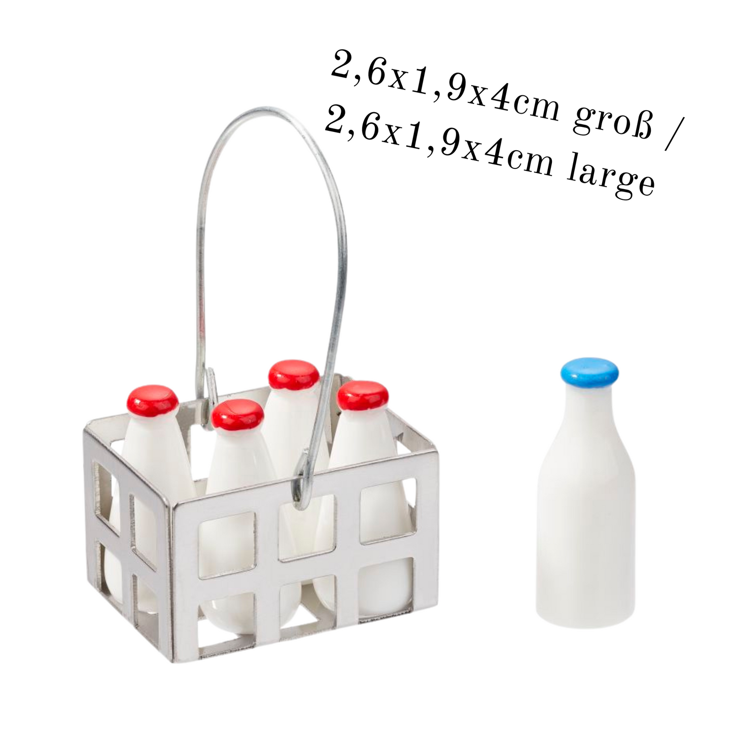 Miniatur Milchkorb mit Milchflaschen aus Metall und Kunststoff als Wichtel Zubeh